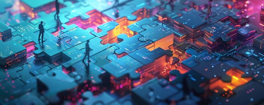 A cybersecurity analyst patching vulnerabilities in a network, shown as a digital puzzle being solved, in a stylized, abstract graphic design