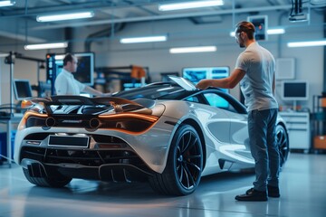 Auto Mechanic and Supercar Owner Reviewing Performance Upgrades on a Touchscreen Display, Collaboration in Luxury Car Maintenance, Bright and Airy Workshop Atmosphere
