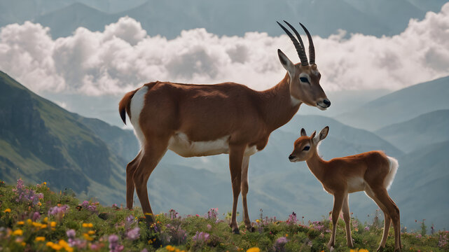 Gazelle mother and baby in a floral pasture in nature.