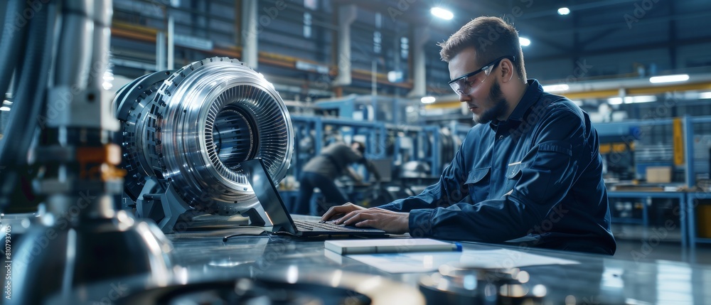 Poster mechanical engineer works on computer and designs cad 3d models of the engine. factory workers and m