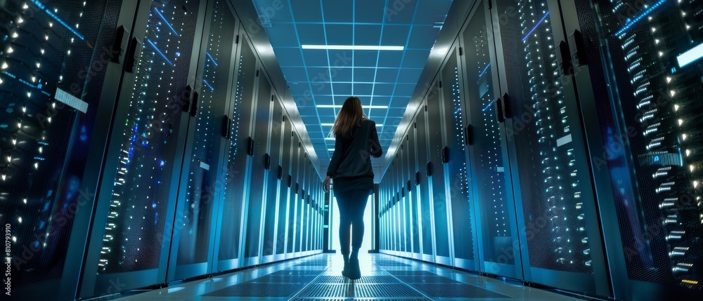 Poster using laptop to run maintenance program in high-tech data center. female it specialist walks along r