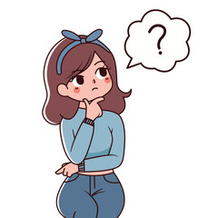 woman thinking cartoon illustration. girl cartoon character minimalist style