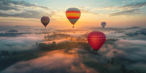 From above several colorful hot air balloons rise above a fog-engulfed landscape with the sun casting a soft glow on the scene - Powered by Adobe