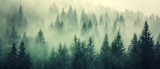 Misty landscape with fir forest, vintage retro style photo