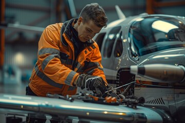 Auto mechanic in specialized gear performing a thorough safety check on a small aircraft, highlighting a commitment to precision and safety in an immaculate service bay.
