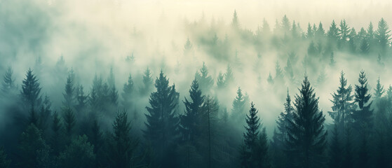 Misty landscape with fir forest, vintage retro style photo