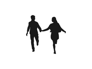 Happy young couple holding hands running silhouette. Couple walking holding hands silhouette. happy couple silhouettes. Vector Illustration. Boys and girls. black color isolated on white background.