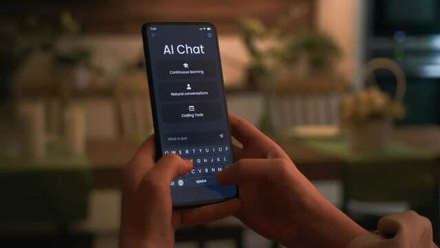 Chatting with artificial intelligence online. Ai chat bot is having a conversation with human. Fictional interface.