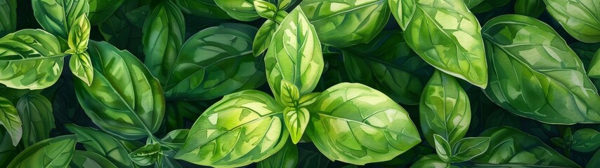 Basil Leaves wallpaper, in watercolor style, features fragrant green leaves carpeting the ground. Their pungent aroma and culinary versatility evoke Mediterranean charm.