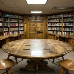  Back To School and World Book Day, Large Round Wooden Table in Library Room.