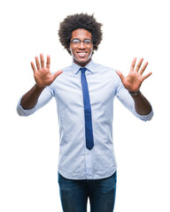 Afro american business man wearing glasses over isolated background showing and pointing up with fingers number ten while smiling confident and happy.