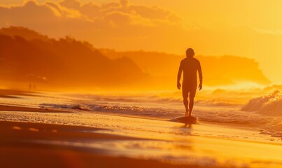 A serene moment in the golden hours--a senior surfer man walking on the beach after a surf session, his face reflecting the satisfaction and joy derived from the connection with the waves.