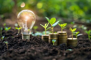 The light bulb is located on the ground. plants grow on stacks of coins. Renewable energy production is essential for the future. Green business based on renewable energy sources can limit climate cha