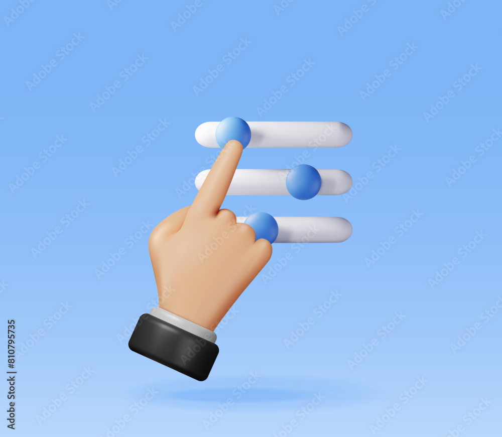 Poster 3d filter button and hand isolated. render settings slider symbol. control interface with slider bar