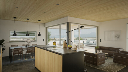 luxury modern Loft Penthouse Apartment with wooden ceiling and concrete elements, big windows mountain view outside and kitchen