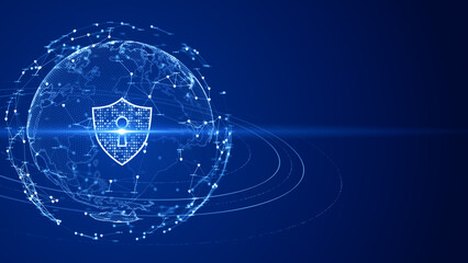 Digital a globe enveloped in a secure network shield, illustrating concepts of cybersecurity and...