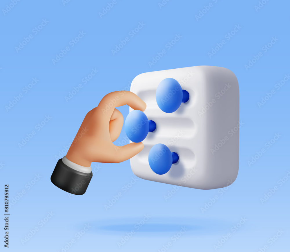 Poster 3d filter button and hand isolated. render settings slider symbol. control interface with slider bar