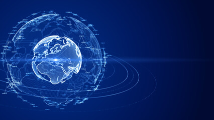 Digital illustration of a globe with glowing network connections on a deep blue background,...