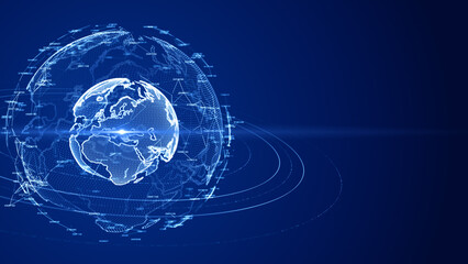 Digital illustration of a globe with glowing network connections on a deep blue background, symbolizing global communication and data transfer. 3D rendering