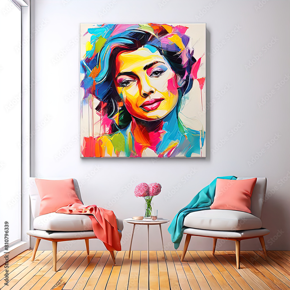 Wall mural woman in stylish living room.