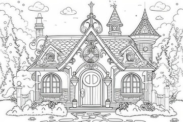 Naklejka premium A fairy-tale cottage surrounded by a magical forest, beckoning for a splash of colors.