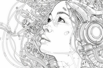 A womans face melds with intricate tech, evoking a futuristic world.