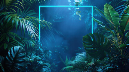 Naklejka premium Tropical Plants Illuminated with Green and Blue Fluorescent Light. Rainforest Environment with Diamond shaped Neon Frame