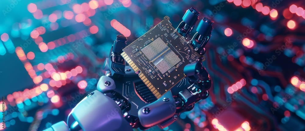 Poster high tech industrial robot manipulator end effector holding super computer processor. modern high te