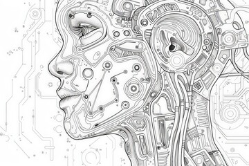 A detailed black and white drawing of a womans head, capturing the delicate features and contrasting tones in a captivating manner.