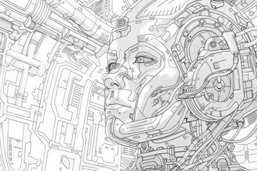 A detailed line art depicting a cyborg face entwined with technological elements.