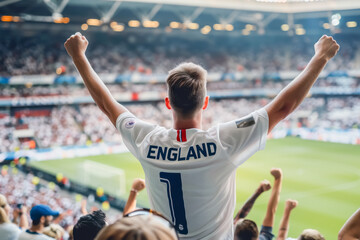 English football soccer fans in a stadium supporting the national team, view from behind, Three Lions
