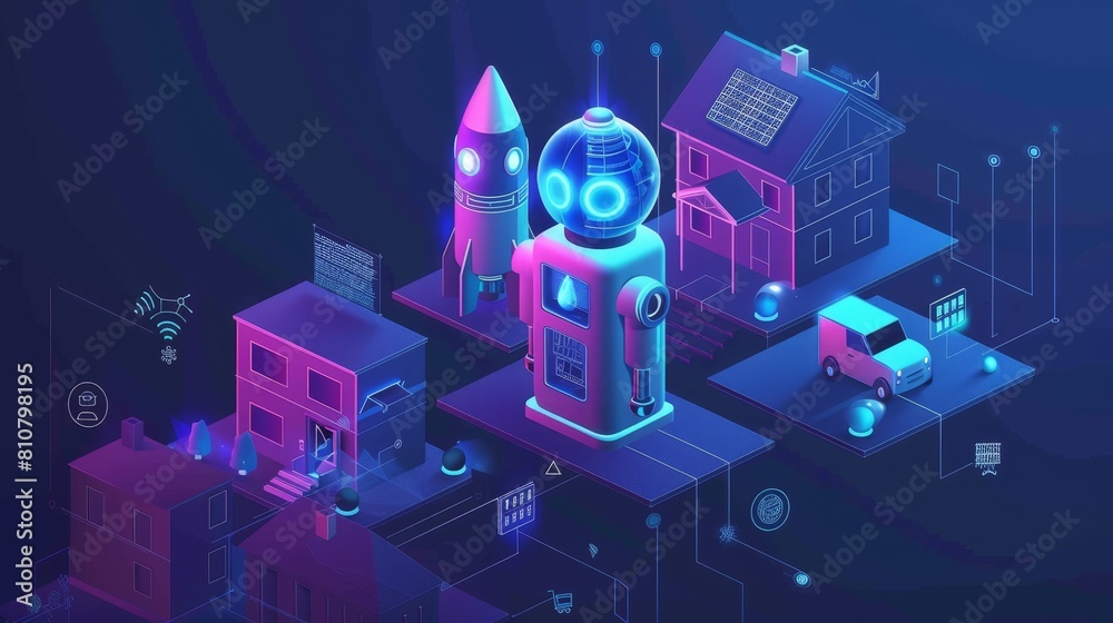 Poster isometric web banner showing a smart home with an artificial intelligence robot controlling its equi