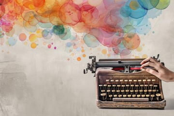 Collage retro art design of cropped female hand holding antique typing machine with colorful bubble isolated over retro grey background.