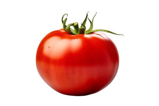 Single red tomato on white background.