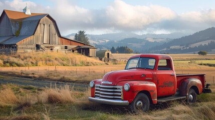 Fototapeta premium Candy apple red vintage pickup truck near a picturesque barn, rustic charm