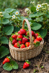   Strawberries on the bushes and next to it a basket filled with berries