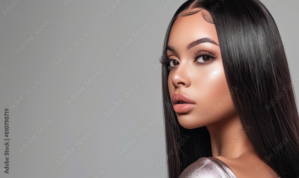 Poster beautiful hispanic woman, with silky straight black hair banner