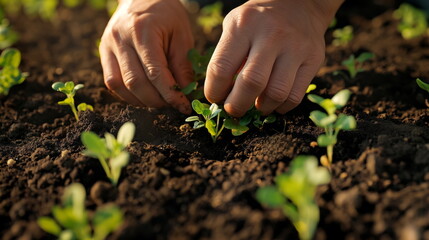pair of hands planting young seedlings in rich soil