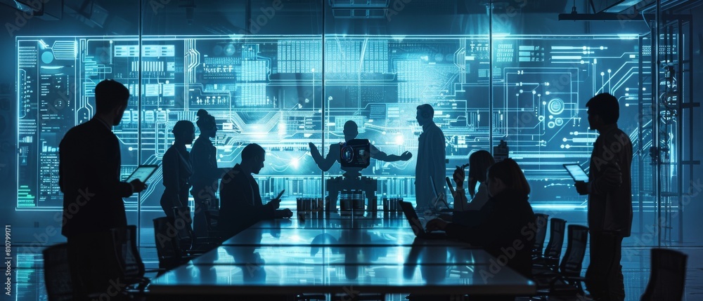 Poster engineers, scientists and developers meeting in robotic research laboratory: engineers, scientists a