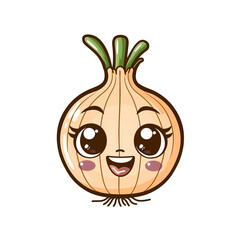 Cheerful cartoon onion character with big, expressive eyes and a friendly smile, designed to make healthy eating appealing to children, depicted in a vibrant and playful illustration style - AI genera