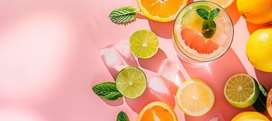 citrus cocktails featuring fresh oranges, lemons, limes, set against a stylish on pink background with copy space, top view