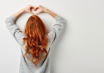 Caucasian female with long red hair in back view showing heart shape above the head with hands isolated over white background. - Powered by Adobe