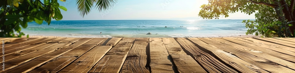 Poster Empty summer holidays background. Horizontal travel banner for advertising product. Wooden table top in front