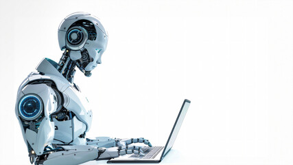 A futuristic robot confidently operates a laptop computer, showcasing advanced artificial intelligence skills, all set against a sleek white backdrop