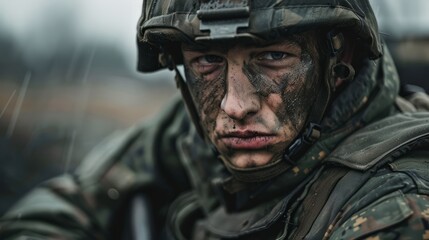 Fototapeta premium Psychological Impact: Illustrate the emotional toll of war on individuals, with haunted expressions and weary faces reflecting the trauma and grief experienced by survivors.