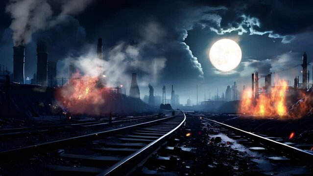 Nighttime Fire Near Train Tracks: Moonlit Scene with Black Clouds and Chimney Building