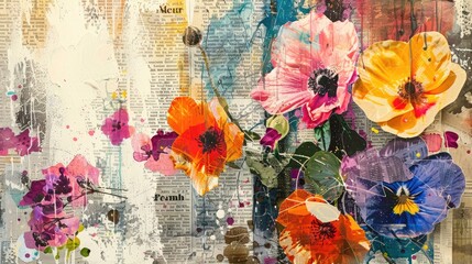 Abstract collage of colourful flowers and newspaper texture background, mixed media art