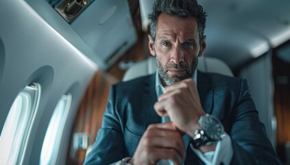A businessman checks his watch inside the airplane cabin, his expression determined as he prepares for his next meeting.