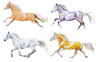 疾走するサラブレッド・馬の油絵タッチのイラスト4点セット　全身　白背景　年賀状素材　午年　AI生成画像