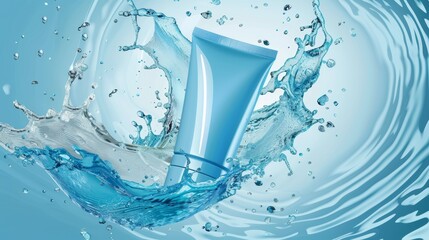 Modern realistic brand poster of moisturizing skincare gel or cosmetics in blue tube falling in water surface. Ad banner, promo banner.